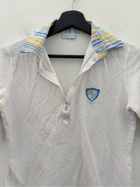 Marie Valouis White Polo Shirt with Blue & Yellow Stripe Collar -